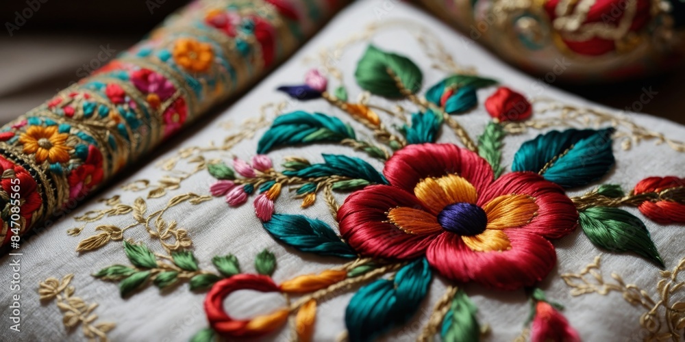 Vibrant embroidery with flowers and greenery featured on a traditional fabric, showcasing intricate handicraft Vibrant embroidery with flowers and greenery featured on a traditional fabric, showcasing intricate handicraft