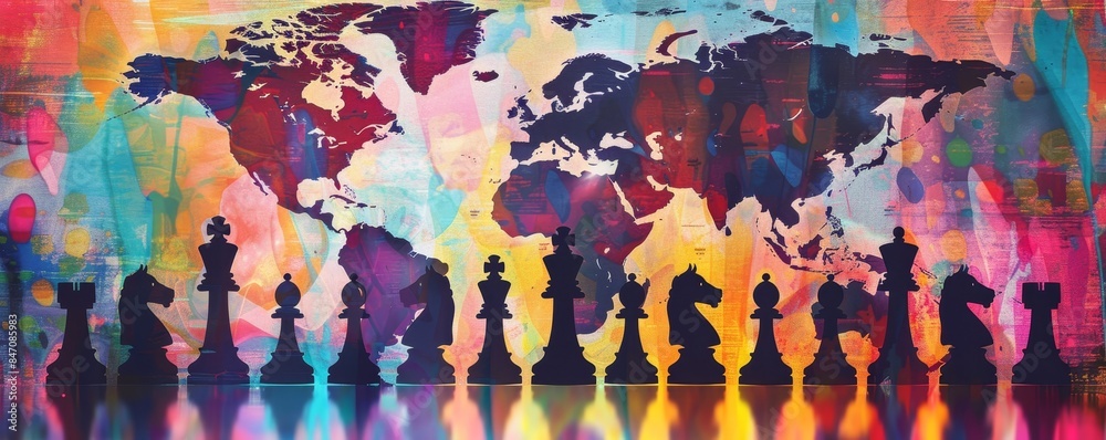 Chess pieces and vivid world map silhouettes symbolize worldwide strategy and dynamics. Chess pieces and vivid world map silhouettes symbolize worldwide strategy and dynamics.