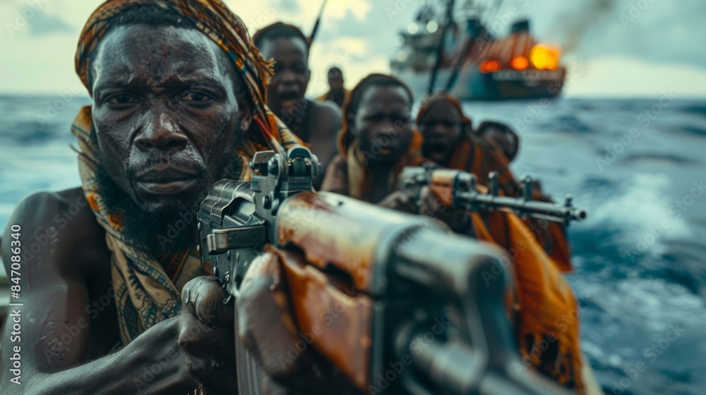 Armed African pirates, their rage palpable, create a chilling scene of lawlessness and piracy on a hijacked ship. Armed African pirates, their rage palpable, create a chilling scene of lawlessness and piracy on a hijacked ship.