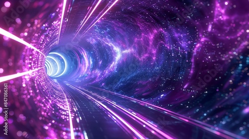 Abstract neon 3D space tunnel with glowing ultra violet lines, space-time strings, and virtual reality jump at speed of light, resembling a highway at night, created with Generative AI.