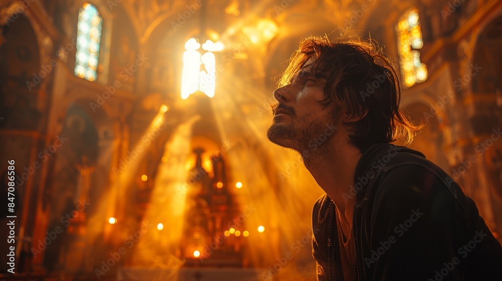 A lone man in prayer at a temple altar, bathed in sunlight. A Christian cross and sacred icons witness his moment of divine connection. A lone man in prayer at a temple altar, bathed in sunlight. A Christian cross and sacred icons witness his moment of divine connection.