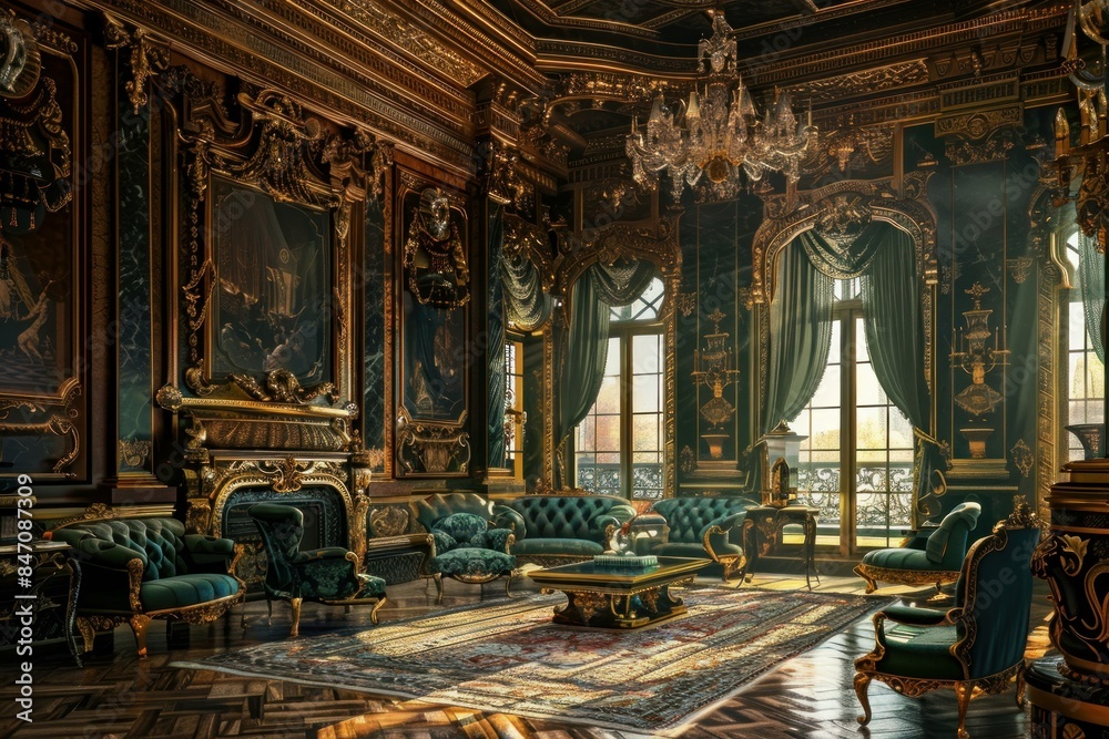 Fototapeta premium Sunlight streaming through a window illuminates a luxurious green and gold sitting room