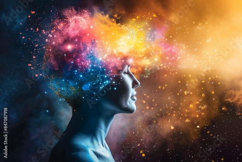 AI human head with colorful explosion, digital brain, futuristic technology, artificial intelligence, creative concept, vibrant data particles © Leo