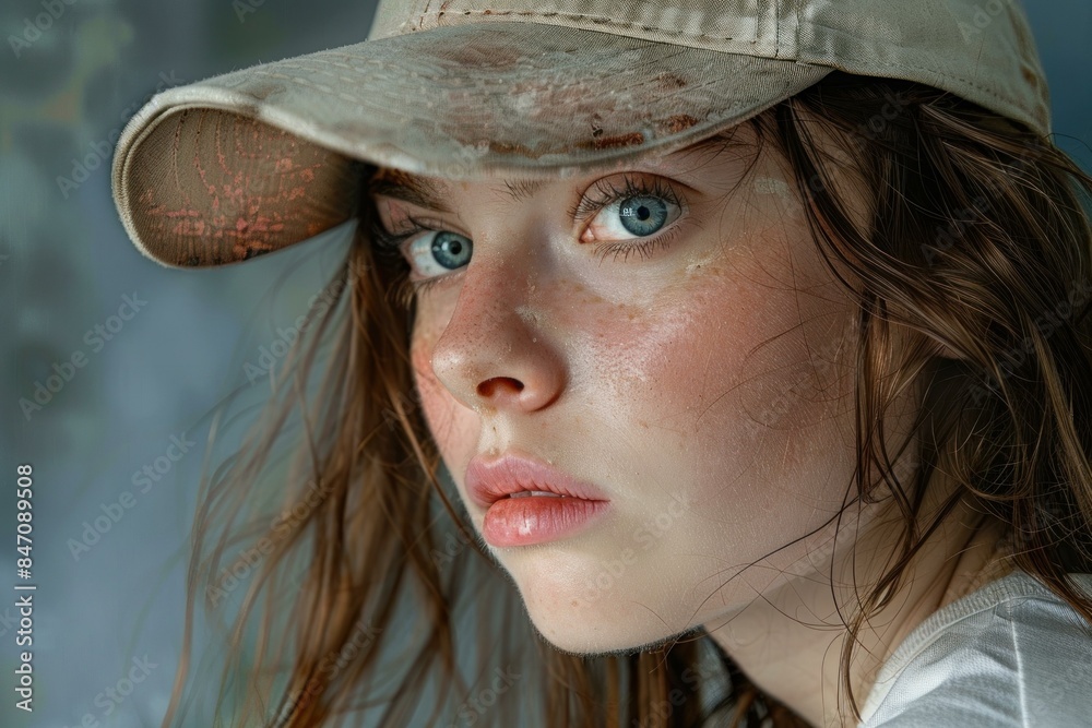 Close up of a young woman with captivating eyes wearing a distressed baseball cap Close up of a young woman with captivating eyes wearing a distressed baseball cap