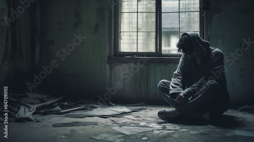 A dejected boy sits in an abandoned room photo