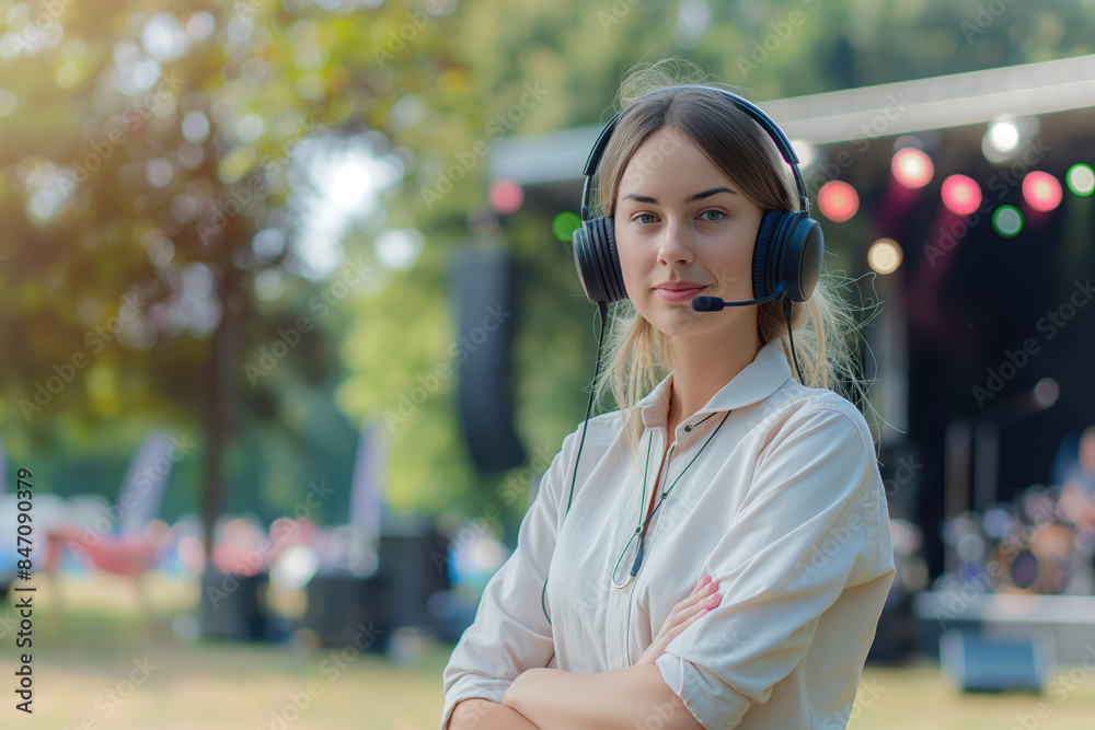 Summer music festival organizer wearing a headset, live concert stage in background with copy space Summer music festival organizer wearing a headset, live concert stage in background with copy space