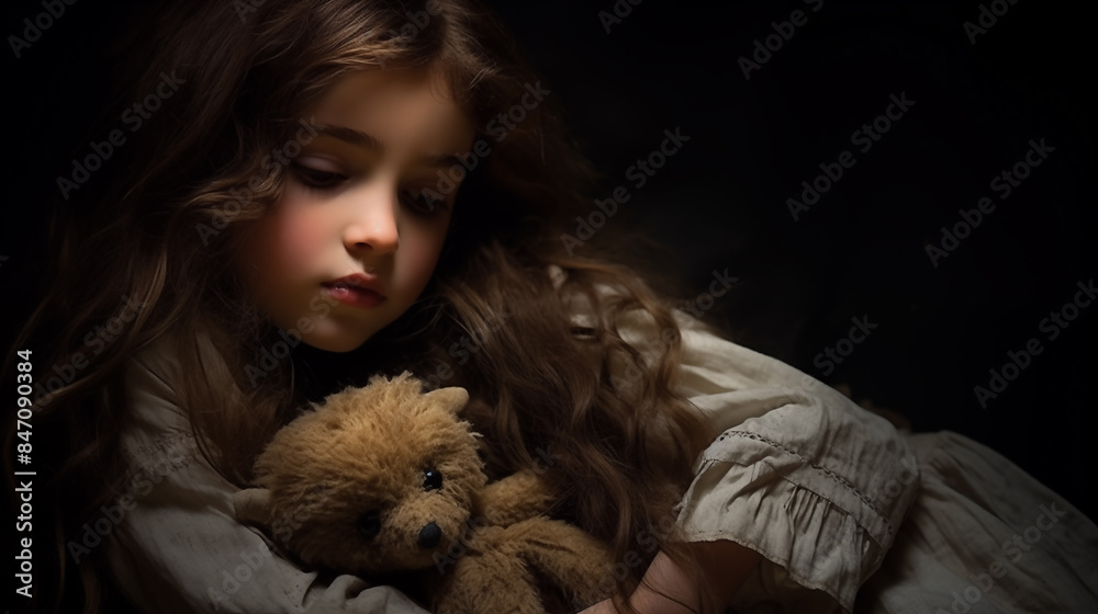 Lonely girl with a bear doll Lonely girl with a bear doll