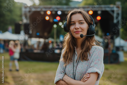 Summer music festival organizer wearing a headset, live concert stage in background with copy space