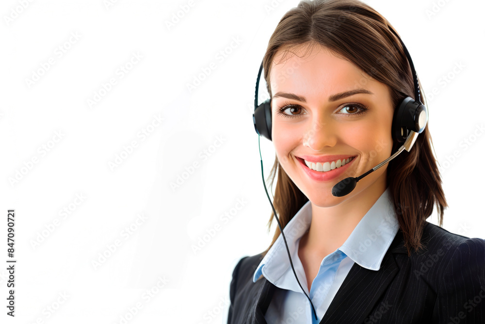 Portrait of a young smiling woman customer service worker, call center on a white background. Copy space Portrait of a young smiling woman customer service worker, call center on a white background. Copy space