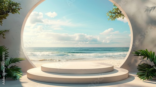 White arch frames a tranquil beach  clear sky  and palm trees  evoking peace and relaxation - White arch frames a tranquil beach  clear sky  and palm trees  evoking peace and relaxation