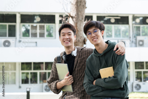 Young University Students Smiling and Posing Together Outdoors on Campus, Holding Books and Laptops, Friendship and Education Concept