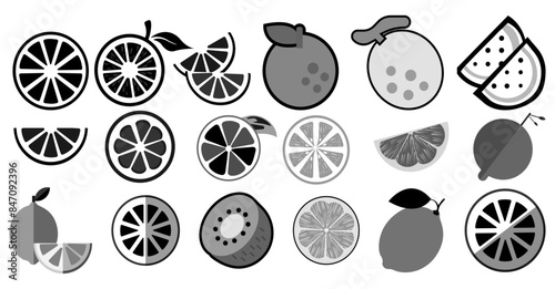 Black silhouette Lemon. Hand Drawn lime, orange, lemon in black and white colors.