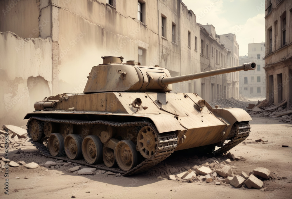 A high-resolution AI-generated photograph of a vintage military tank, showcasing its historical design and rugged details. Ideal for use in historical documentaries, educational materials, and vintage A high-resolution AI-generated photograph of a vintage military tank, showcasing its historical design and rugged details. Ideal for use in historical documentaries, educational materials, and vintage