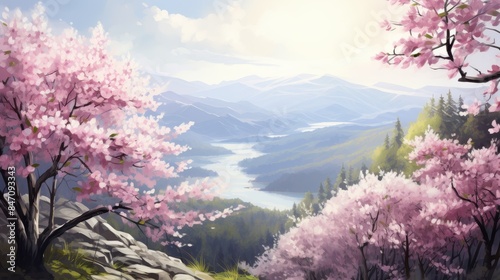 Tranquil mountain lake with vibrant cherry blossom tree in the foreground illustration