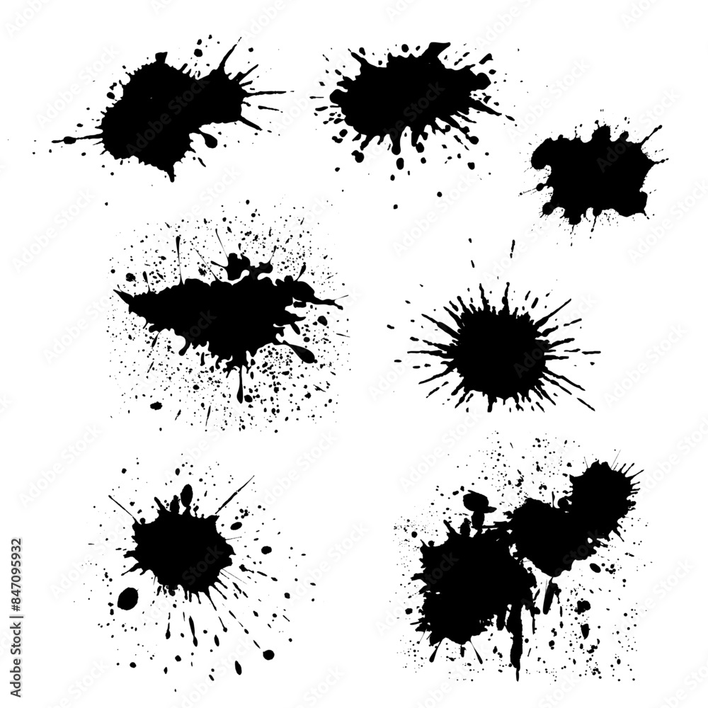 Black dried paint splattered in a messy style. Isolated black ink stencils for graphic design. Artistic texture of ink brush strokes, splash stains, callouts. Black dried paint splattered in a messy style. Isolated black ink stencils for graphic design. Artistic texture of ink brush strokes, splash stains, callouts.