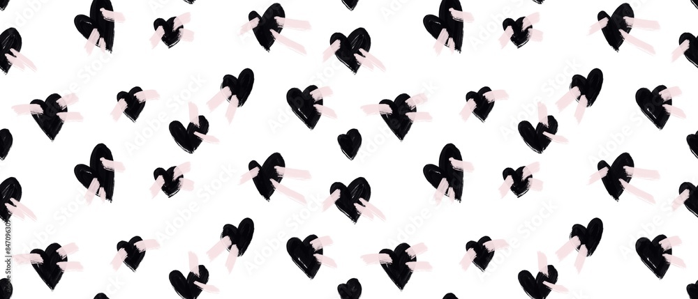 Seamless abstract geometric pattern. Simple background in black, pink and white colors. Hearts. Digital texture. Illustration. Design for textile fabrics, wrapping paper, background, wallpaper, cover.