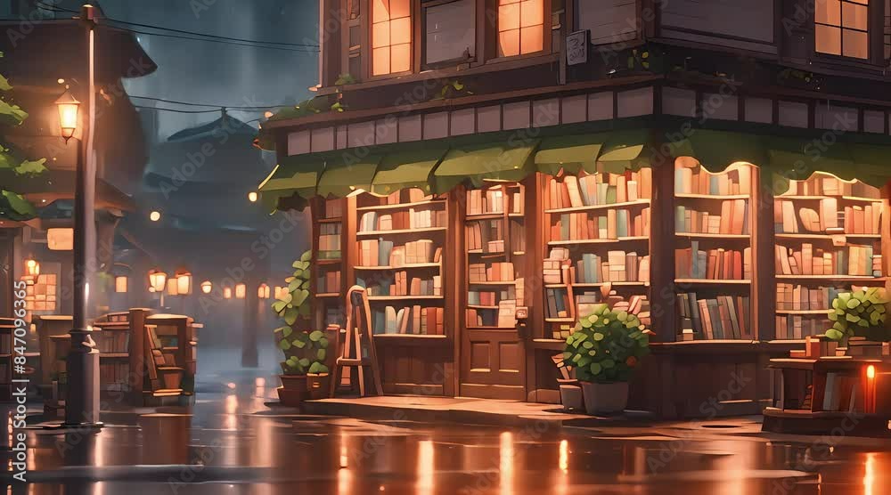 cozy bookstore at night when it rain