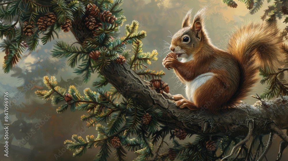 Obraz premium A red squirrel consumes nuts while perched on a yew tree