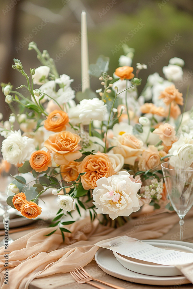Beautifully set outdoor table with bouquets of various orange and white flowers in vases, candles, luxury tableware and golden cutlery Beautifully set outdoor table with bouquets of various orange and white flowers in vases, candles, luxury tableware and golden cutlery