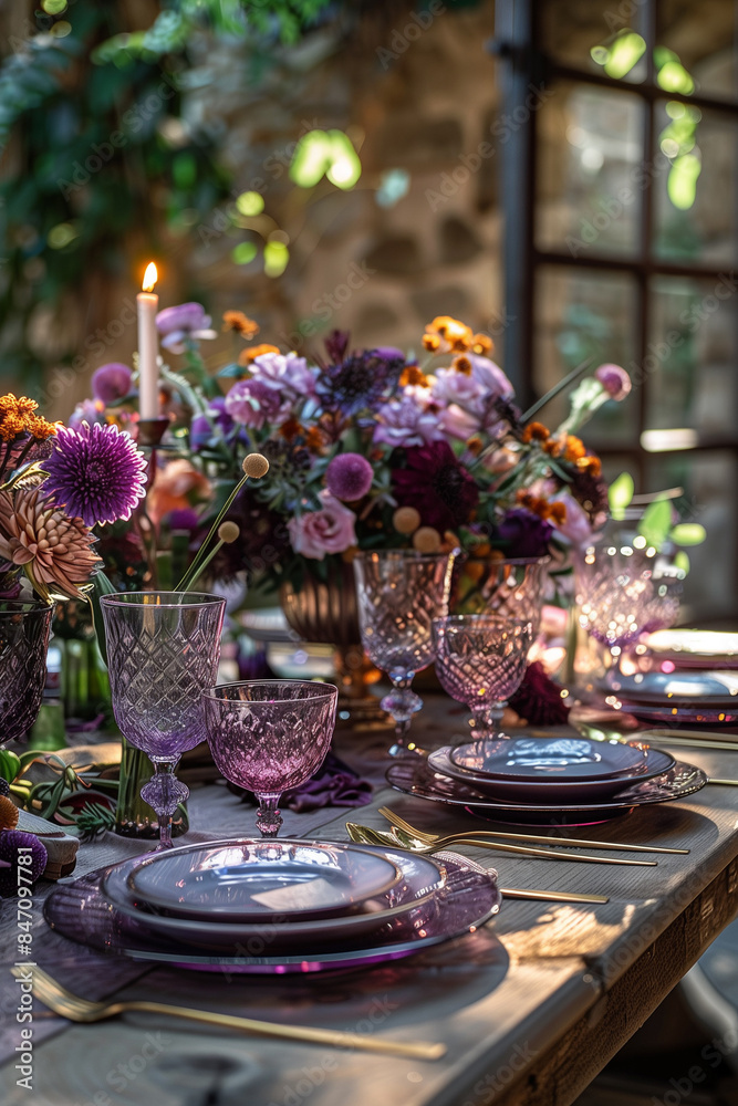 Beautifully set outdoor table with bouquets of various lilac and purple flowers in vases, candles, luxury tableware and golden cutlery Beautifully set outdoor table with bouquets of various lilac and purple flowers in vases, candles, luxury tableware and golden cutlery