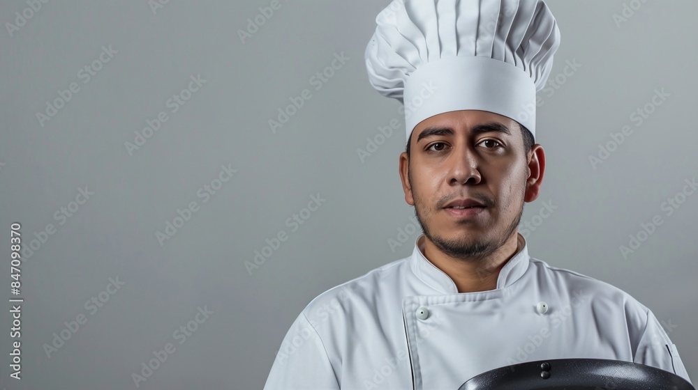 Hispanic Male Chef Portrait Holding Frying Pan Culinary Professional Concept Hispanic Male Chef Portrait Holding Frying Pan Culinary Professional Concept