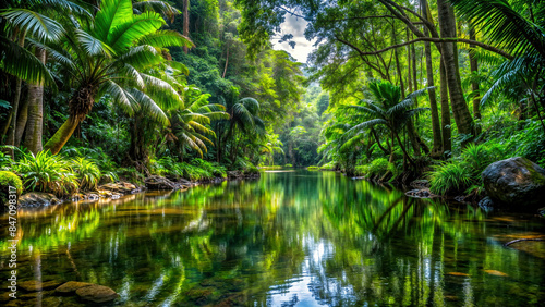 A quiet river meandering through a dense tropical rainforest. Digital art ideal for environmental themes, nature projects, ecotourism promotions. 