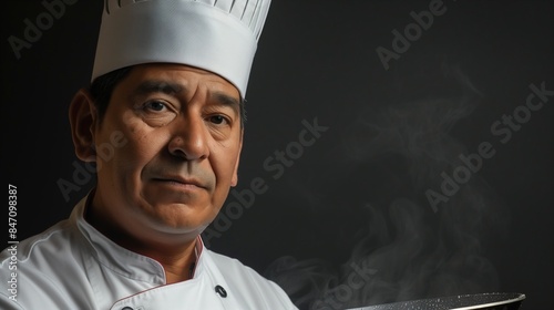 Hispanic Male Chef Portrait Holding Frying Pan Culinary Professional Concept