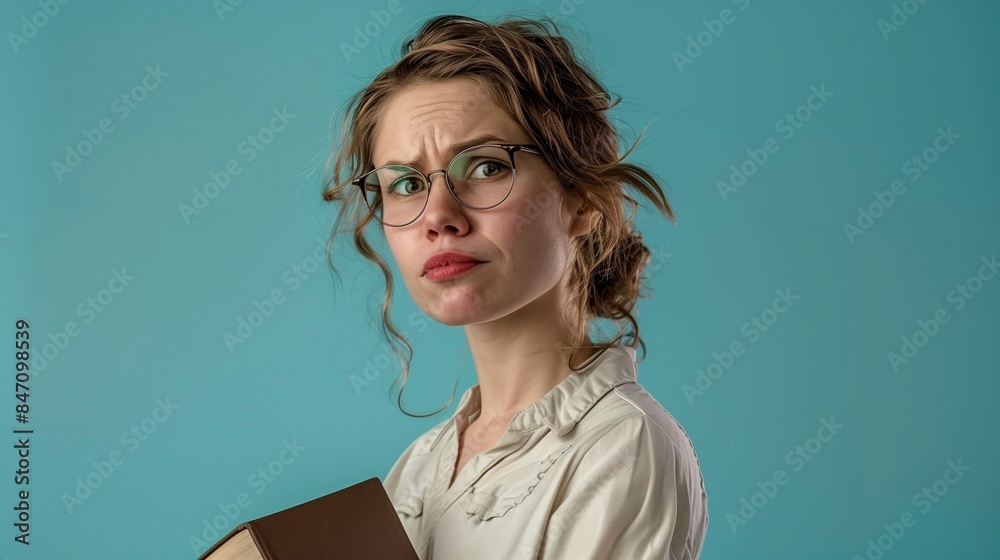 Caucasian Female Teacher Wearing Glasses and Holding Book Caucasian Female Teacher Wearing Glasses and Holding Book