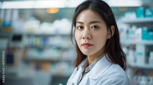 Portrait of Asian Female Pharmacist in Lab Coat with Name Tag