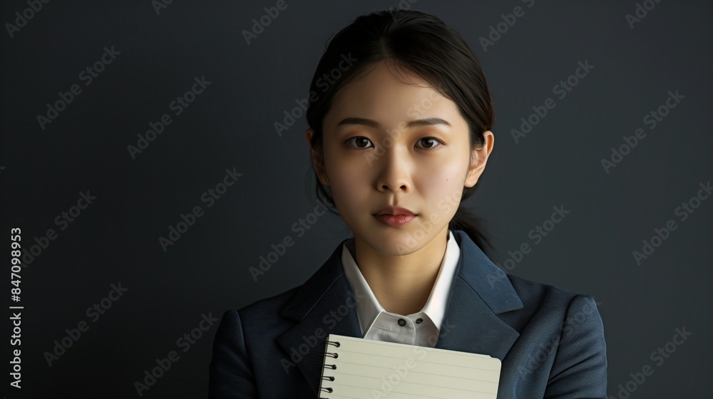Asian Female Journalist in Business Suit Holding Notebook Portrait Photograph Asian Female Journalist in Business Suit Holding Notebook Portrait Photograph