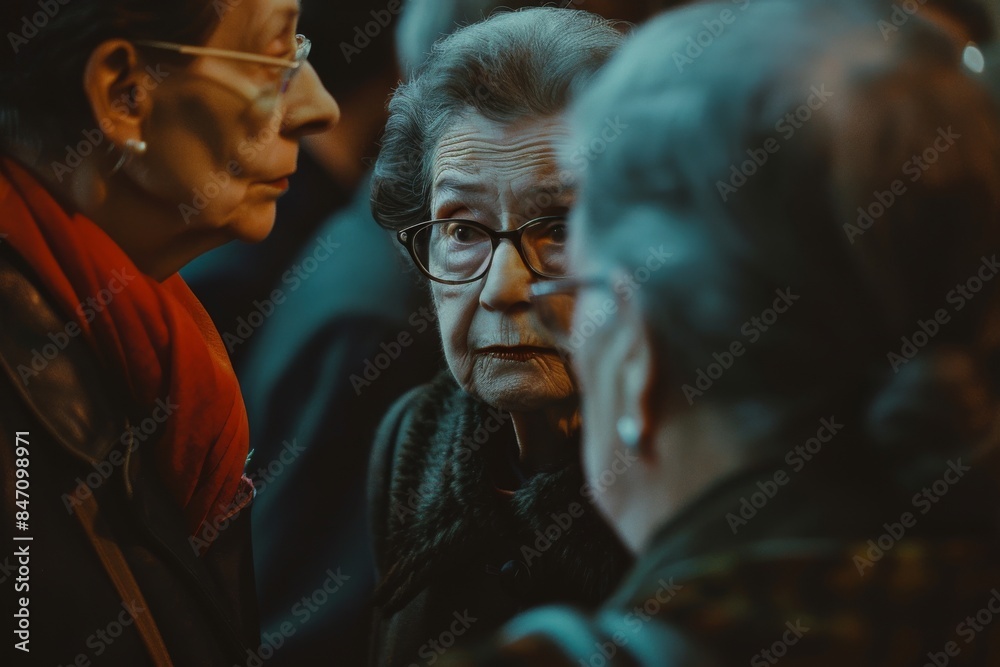 Group of senior people talking in the hall of a hospital. Selective focus.