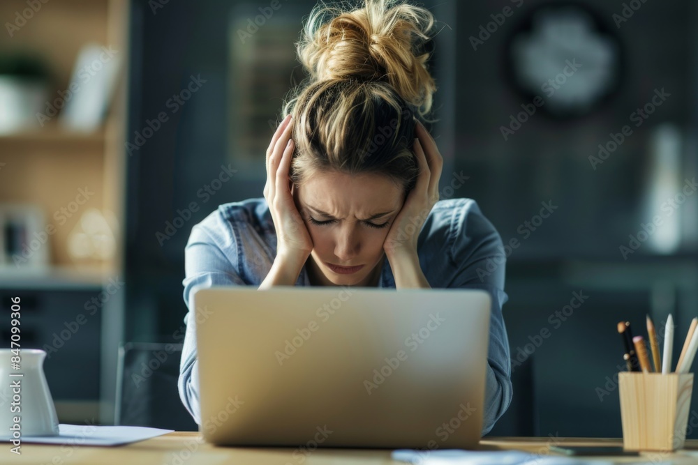 Stressed Businesswoman at Office Desk, Holding Head Due to Workload - Burnout Prevention, Headache Stress Management, Employee Wellness