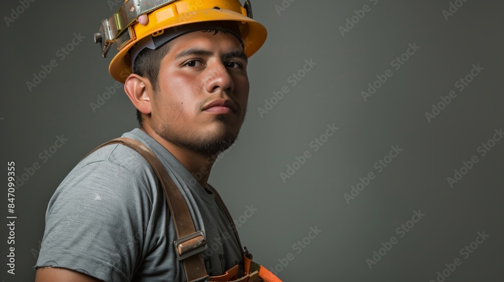 Portrait of Hispanic Construction Worker in Hard Hat and Tool Belt Portrait of Hispanic Construction Worker in Hard Hat and Tool Belt