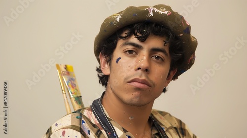 Hispanic Male Artist in Beret and PaintSplattered Apron photo