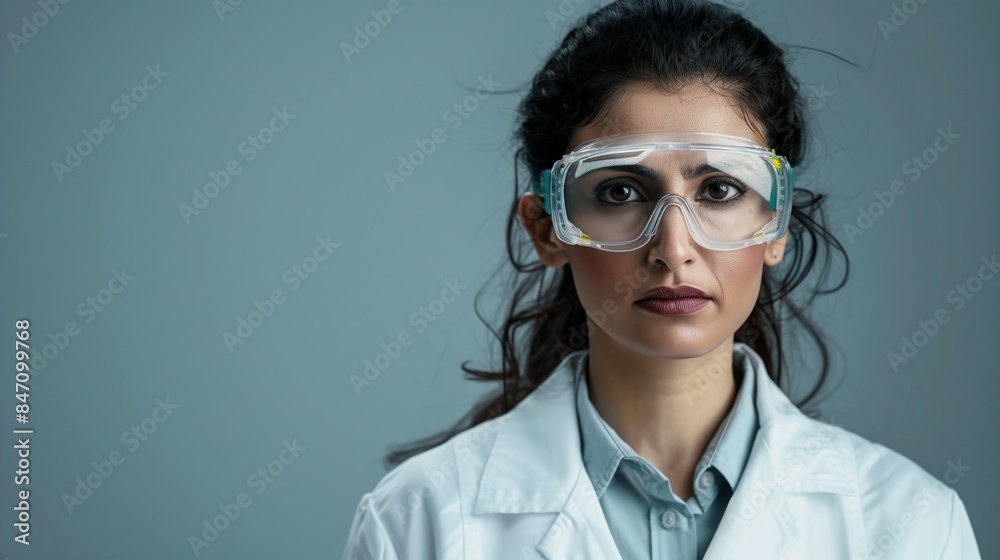 Middle Eastern Female Scientist in Lab Coat and Safety Goggles Middle Eastern Female Scientist in Lab Coat and Safety Goggles