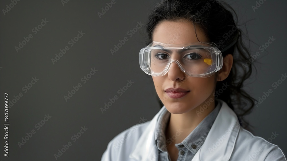 Middle Eastern Female Scientist in Lab Coat and Safety Goggles Middle Eastern Female Scientist in Lab Coat and Safety Goggles