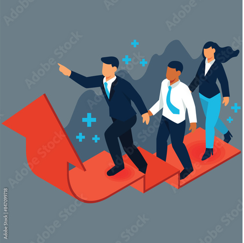A Business man steps up stairs to successful point, Steps to starting a business success. Businessman walking up on red arrow, Arrow stairs, Concept start up business, Vector illustration flat