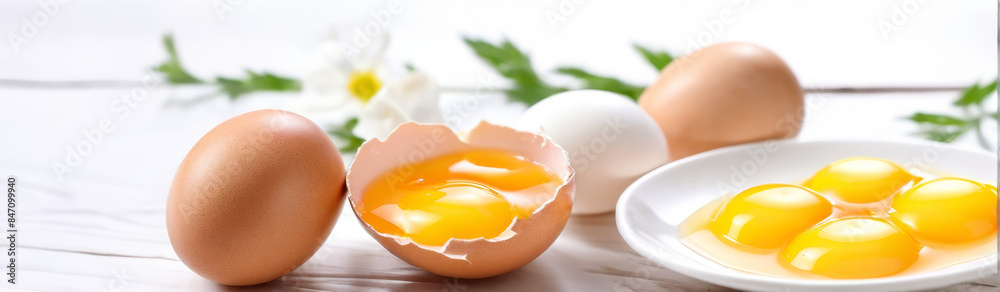 The banner. Chicken eggs. Whole and broken. Egg yolks. The banner. Chicken eggs. Whole and broken. Egg yolks.