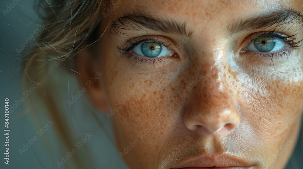Close Up Portrait of Freckled Woman With Blue Eyes. Close Up Portrait of Freckled Woman With Blue Eyes.
