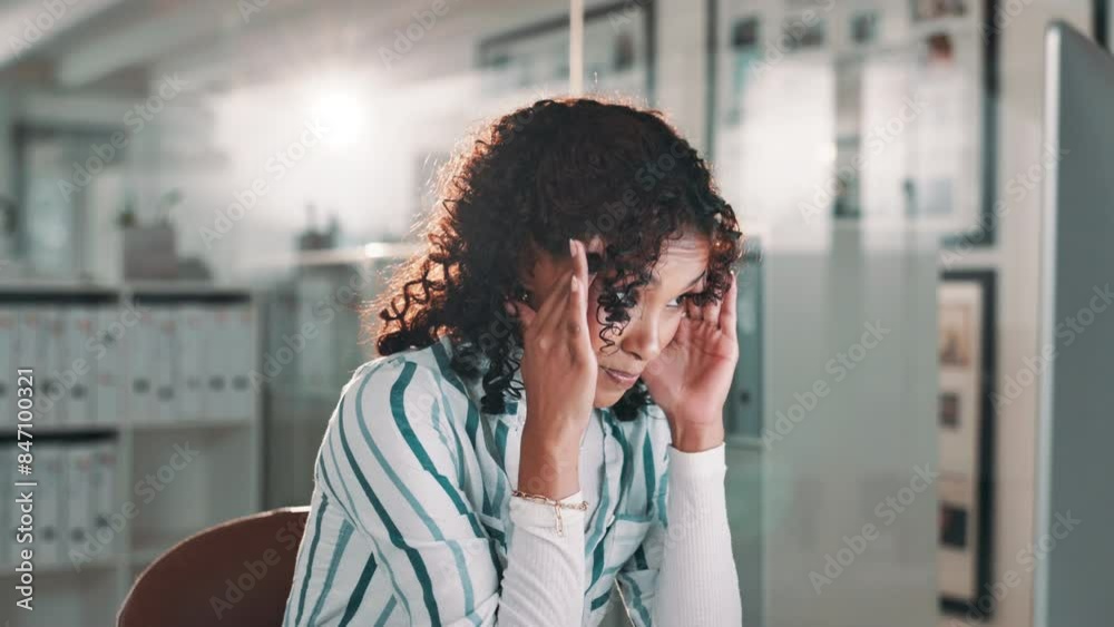 Anxiety, headache or business woman with computer in office reading report, feedback and proposal, project or review. Stress, overthinking or manager overwhelmed by brain fog, glitch and 404 crisis Anxiety, headache or business woman with computer in office reading report, feedback and proposal, project or review. Stress, overthinking or manager overwhelmed by brain fog, glitch and 404 crisis