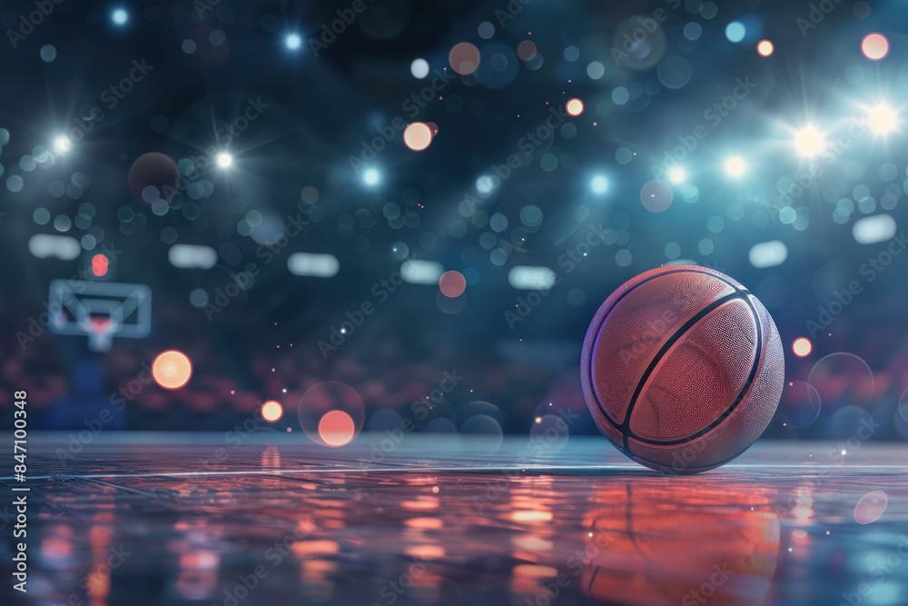 Basketball rests on a glossy court under dazzling arena lights, capturing the game's energy Basketball rests on a glossy court under dazzling arena lights, capturing the game's energy