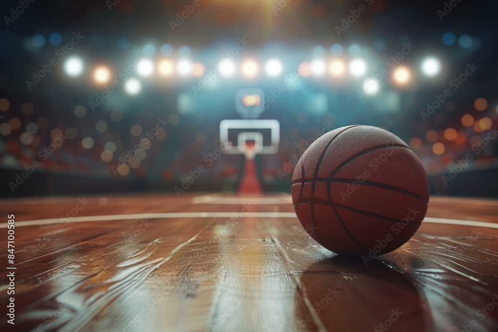 Close up shot of a basketball on a shiny wooden court, with the hoop in the blurred background Close up shot of a basketball on a shiny wooden court, with the hoop in the blurred background