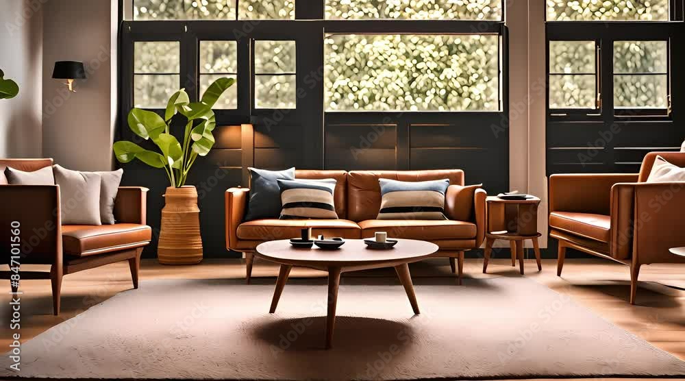MidCentury Modern Scandinavian living room decor with teak and leather materials. Concept Scandinavian Design, MidCentury Modern, Teak Furniture, Leather Decor, Living Room Decor MidCentury Modern Scandinavian living room decor with teak and leather materials. Concept Scandinavian Design, MidCentury Modern, Teak Furniture, Leather Decor, Living Room Decor