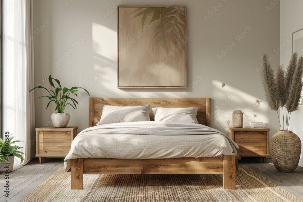 Fototapeta premium Minimalist Bedroom with Wooden Bed and Natural Elements