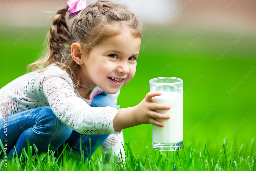 A young girl is holding a glass of milk and smiling. Concept of innocence and joy, as the child is enjoying a simple pleasure of drinking milk A young girl is holding a glass of milk and smiling. Concept of innocence and joy, as the child is enjoying a simple pleasure of drinking milk