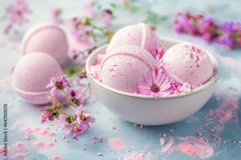Set of aromatic pink bath bombs in a bowl with delicate flowers Set of aromatic pink bath bombs in a bowl with delicate flowers