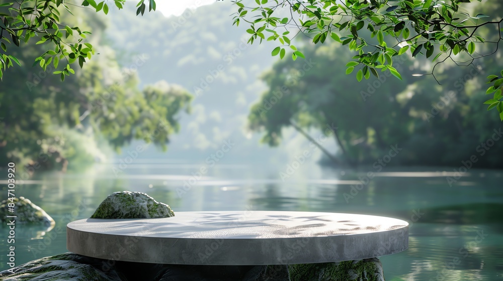 View of the Calm River Lake with a cylindrical podium for display product photos View of the Calm River Lake with a cylindrical podium for display product photos