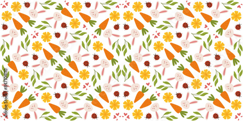 Spring Easter pattern with flowers, bunnies, and carrots in a cute, hand-drawn vector style. Ideal for textiles, packaging, and festive decorations.