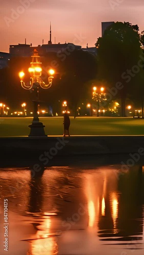 Amidst the urban landscape, the city park becomes a beacon of serenity as evening descends, bathed in the gentle radiance of its illuminated fixtures photo