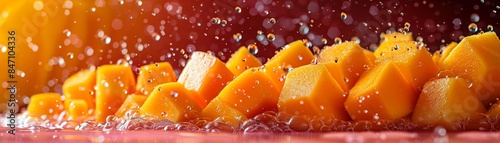 Close-up of vibrant mango slice and water dropt photo